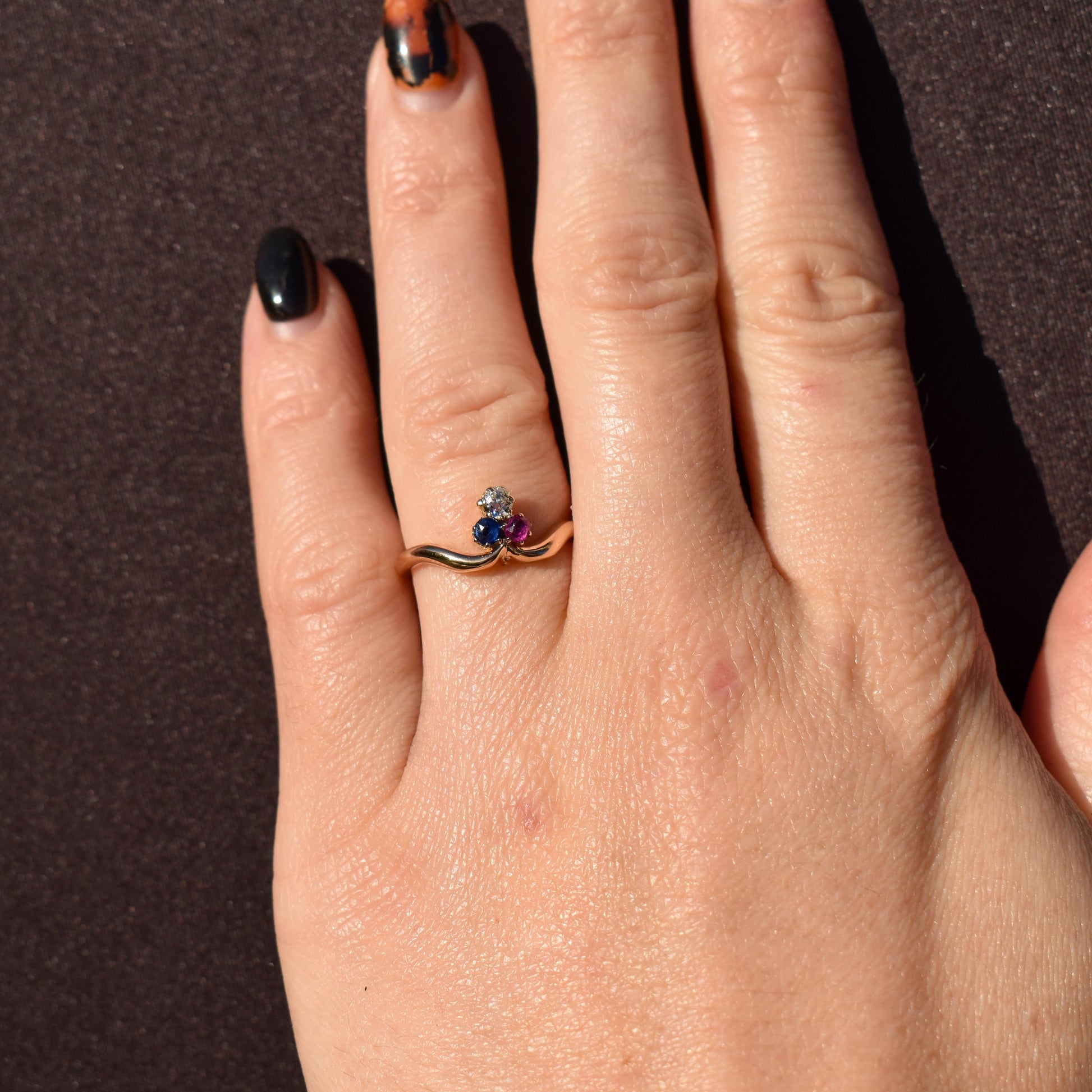 Antique Edwardian Ruby Sapphire and Diamond Trefoil Clover 15ct Gold Ring | 1904