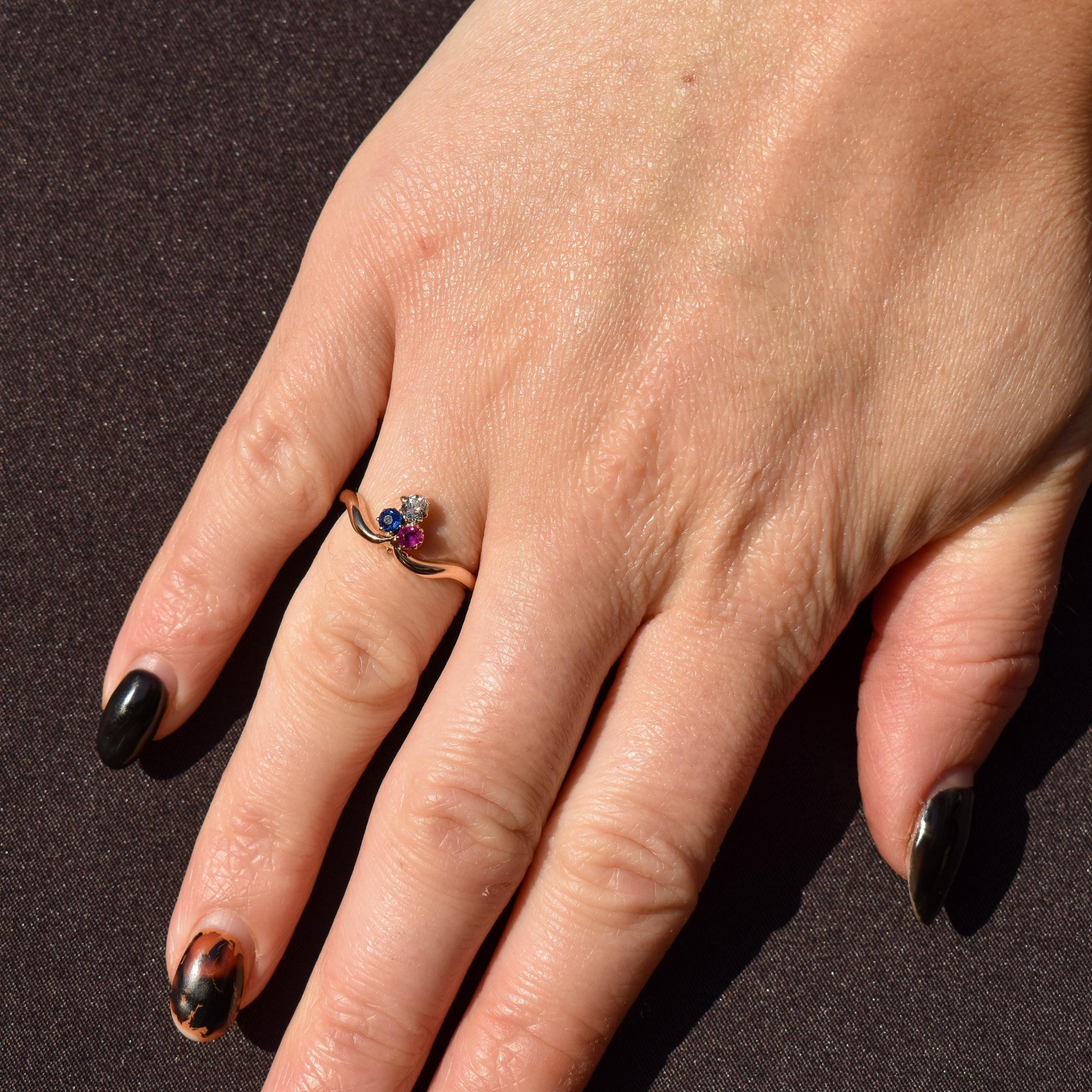 Antique Edwardian Ruby Sapphire and Diamond Trefoil Clover 15ct Gold Ring | 1904