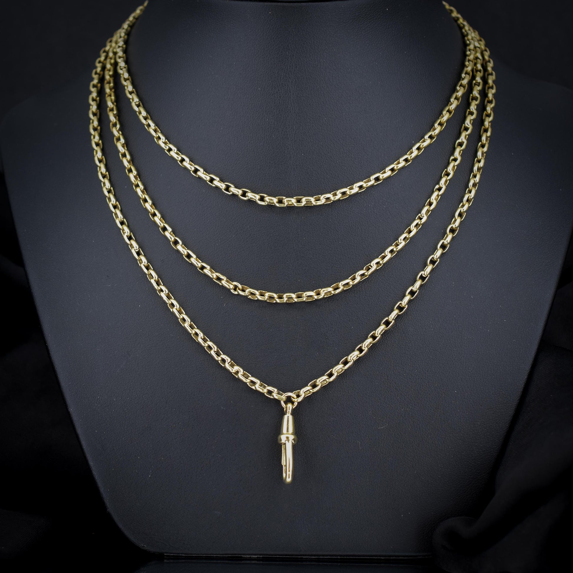 Antique Long Faceted Belcher Rolled Gold Guard Muff Chain Necklace | 52" Length with Dog Clip