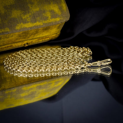 Antique Long Faceted Belcher Rolled Gold Guard Muff Chain Necklace | 52" Length with Dog Clip