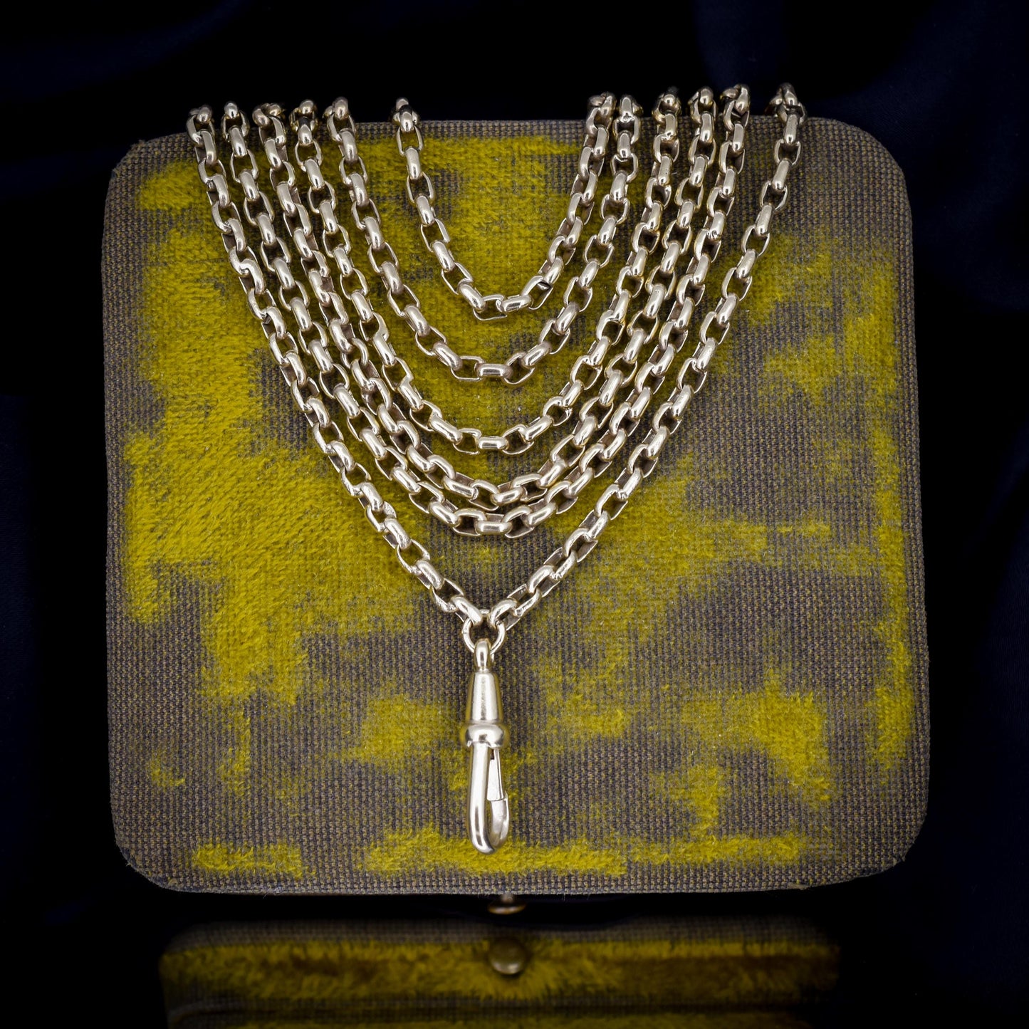 Antique Long Faceted Belcher Rolled Gold Guard Muff Chain Necklace | 52" Length with Dog Clip