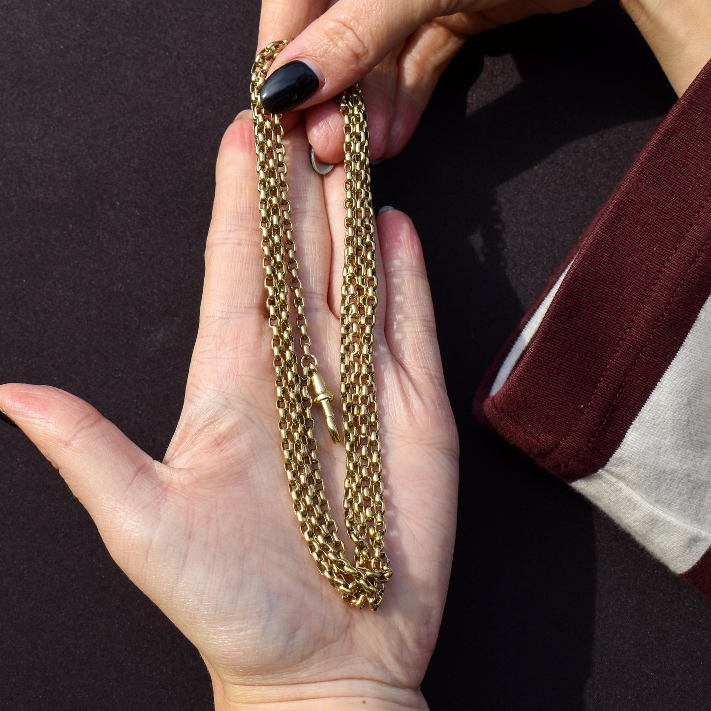 Antique Long Faceted Belcher Rolled Gold Guard Muff Chain Necklace | 52" Length with Dog Clip