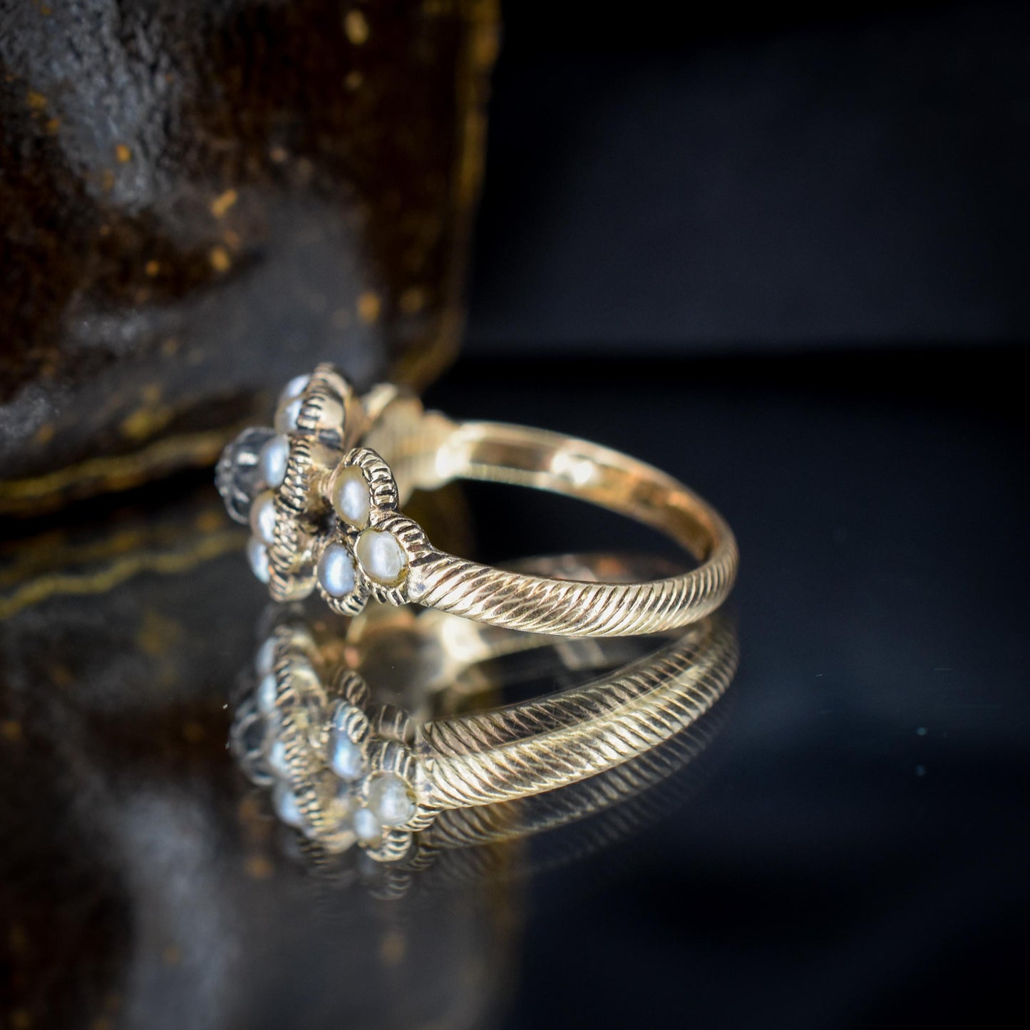 Antique Georgian Pearl and Rose Cut Diamond 15ct Gold Ring