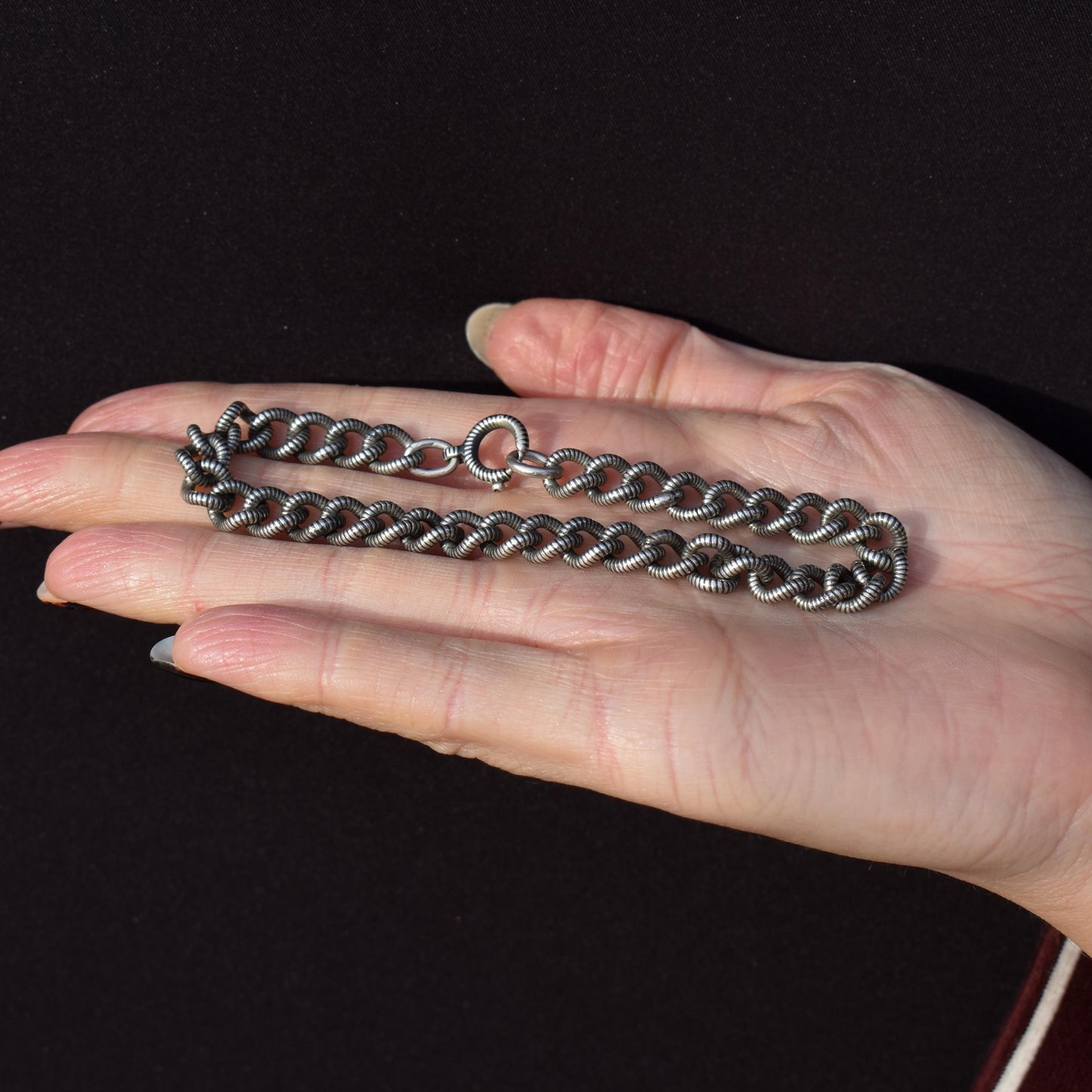 Antique Niello Silver Curb Link Bracelet with Spring Ring - 8.5"