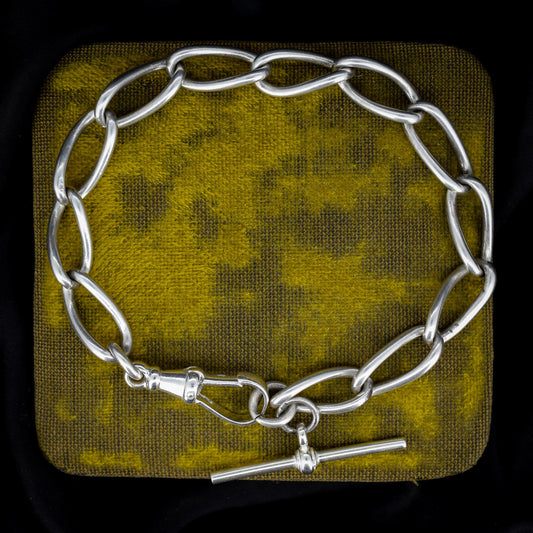 Antique Oval Curb Sterling Silver Bracelet with Dog Clip and T-bar | 9.5"