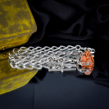 Antique 16.5" Sterling Silver Albert Watch Chain Necklace with T-Bar, Fob and Dog Clips