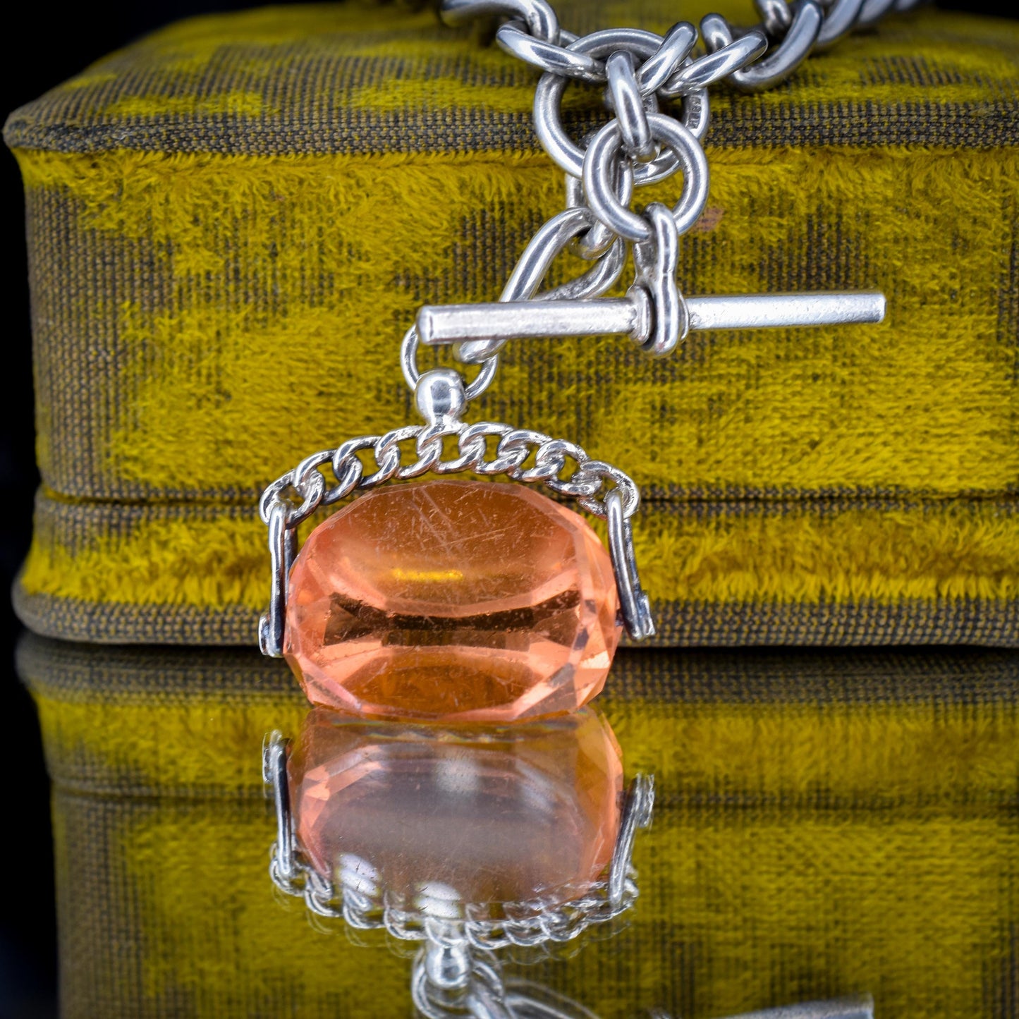 Antique 16.5" Sterling Silver Albert Watch Chain Necklace with T-Bar, Fob and Dog Clips