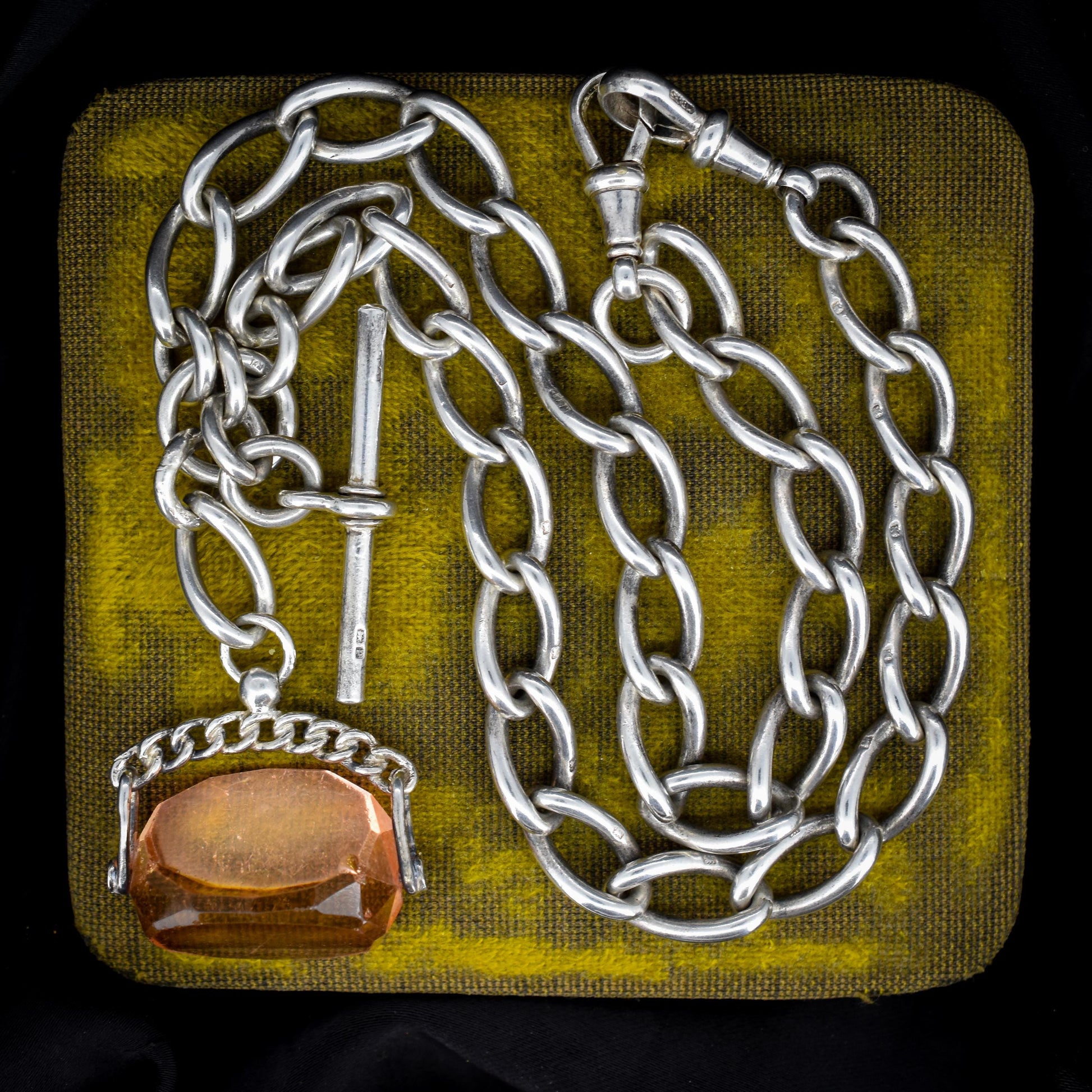 Antique 16.5" Sterling Silver Albert Watch Chain Necklace with T-Bar, Fob and Dog Clips