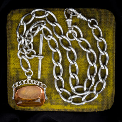 Antique 16.5" Sterling Silver Albert Watch Chain Necklace with T-Bar, Fob and Dog Clips