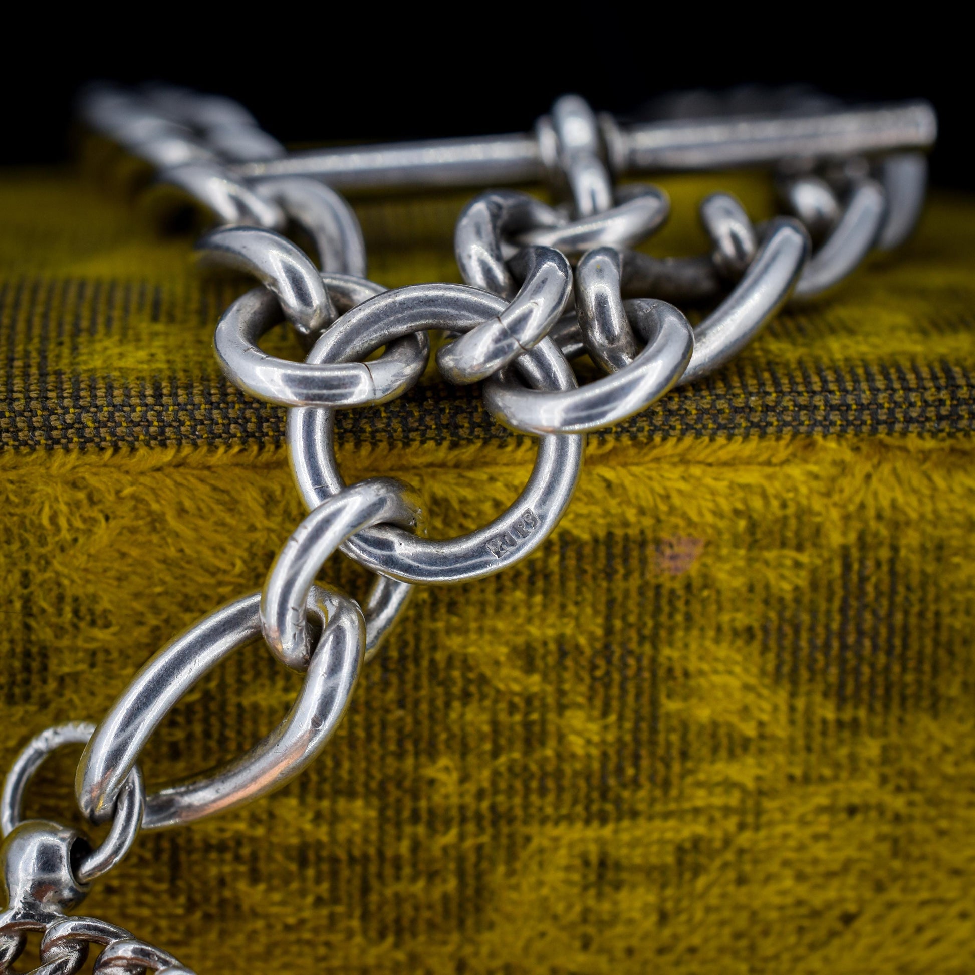 Antique 16.5" Sterling Silver Albert Watch Chain Necklace with T-Bar, Fob and Dog Clips