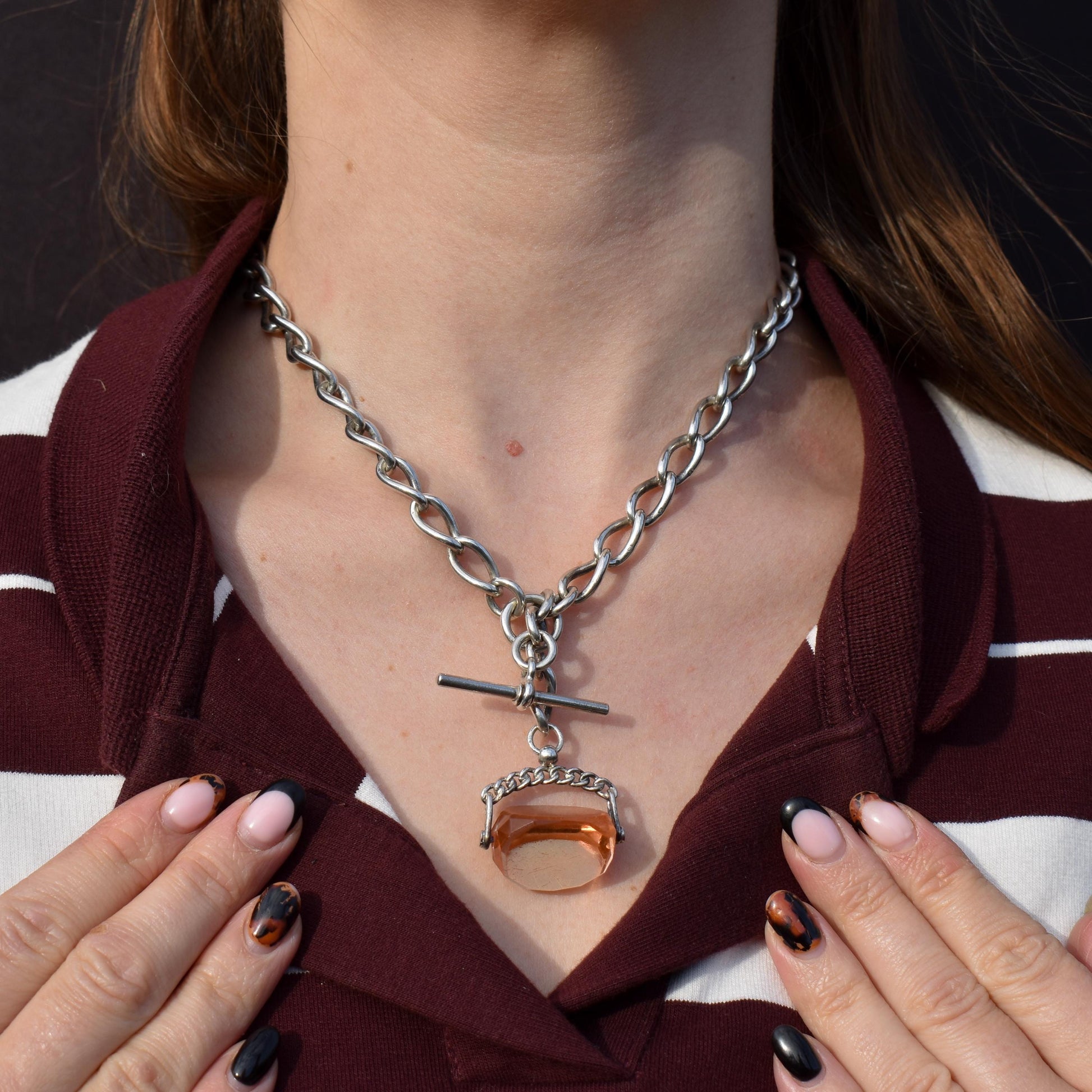 Antique 16.5" Sterling Silver Albert Watch Chain Necklace with T-Bar, Fob and Dog Clips