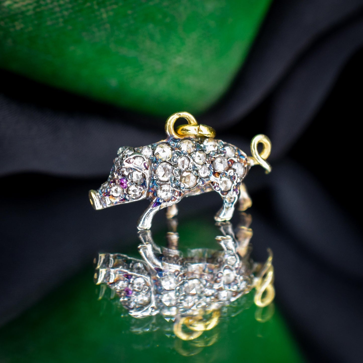 Diamond and Ruby Pig Charm Pendant