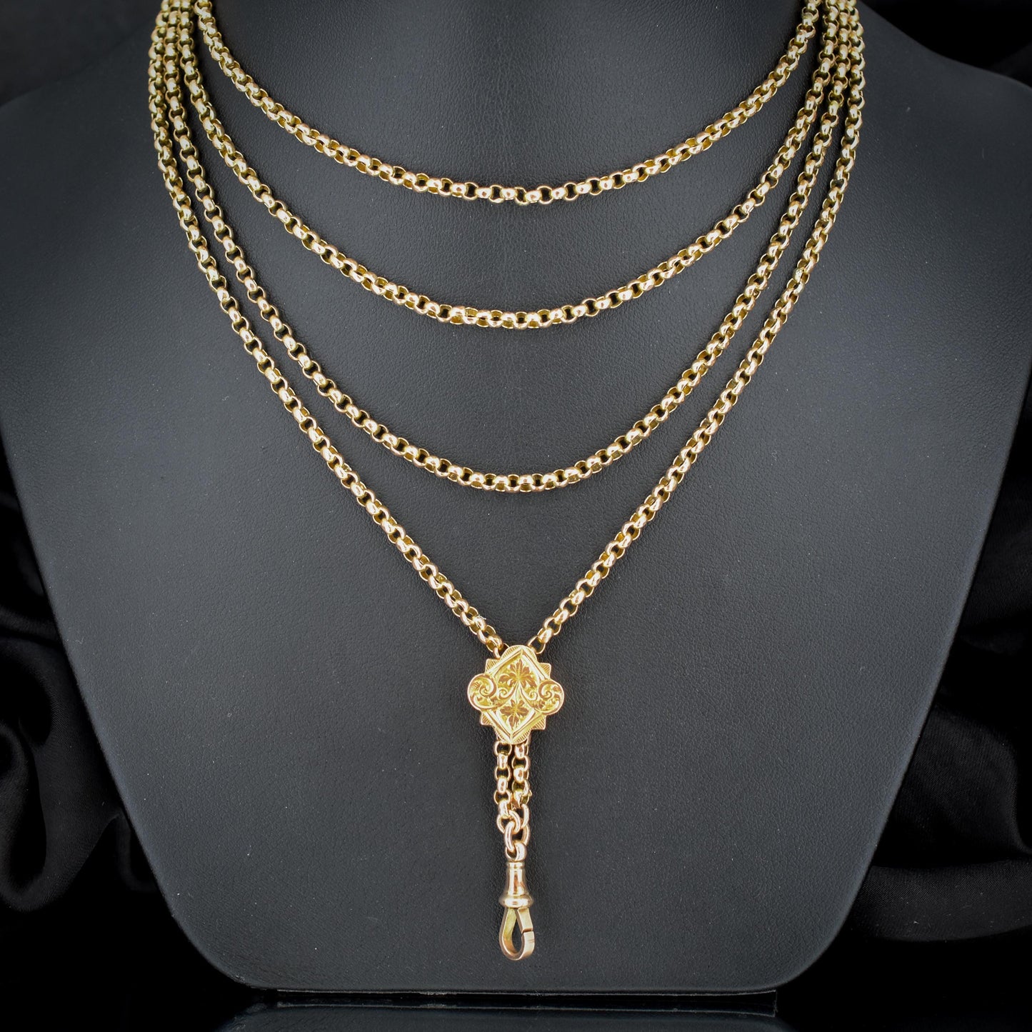 Antique Victorian 9ct Gold Guard Chain Necklace with Engraved Slider and Dog Clip | 60"