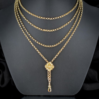 Antique Victorian 9ct Gold Guard Chain Necklace with Engraved Slider and Dog Clip | 60"