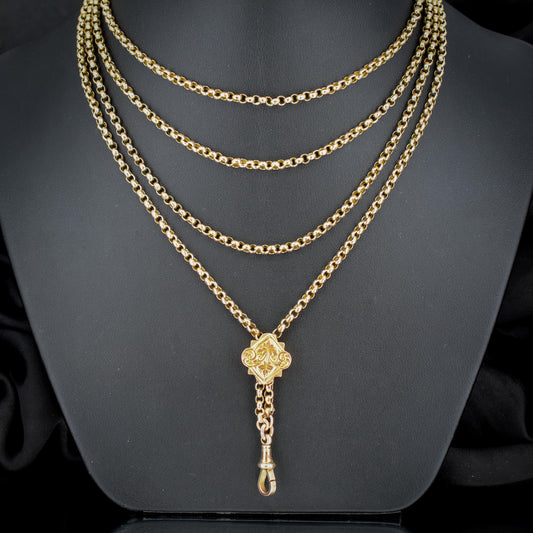 Antique Victorian 9ct Gold Guard Chain Necklace with Engraved Slider and Dog Clip | 60"