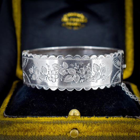 Antique Victorian Sterling Silver Floral Bangle Bracelet | Dated 1888