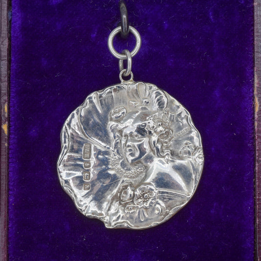 Antique Art Nouveau Portrait Sterling Silver Pendant - Dated 1900