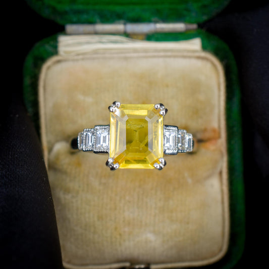 2.6ct Emerald Cut Yellow Sapphire and Diamond Halo Platinum Ring | Art Deco Style