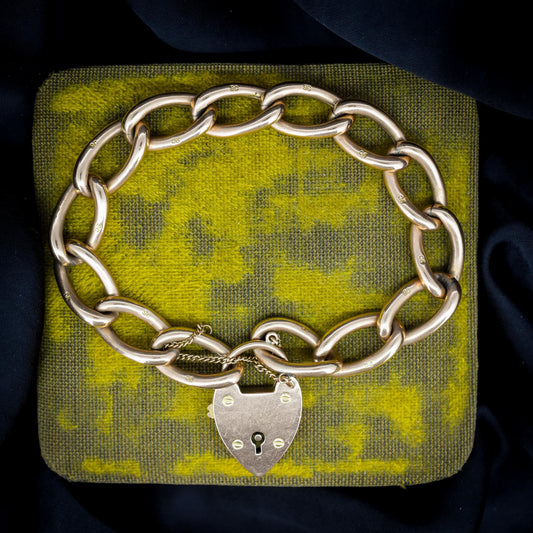 Antique Edwardian 9ct Gold Heart Padlock Fancy Oval Curb Bracelet | 8"
