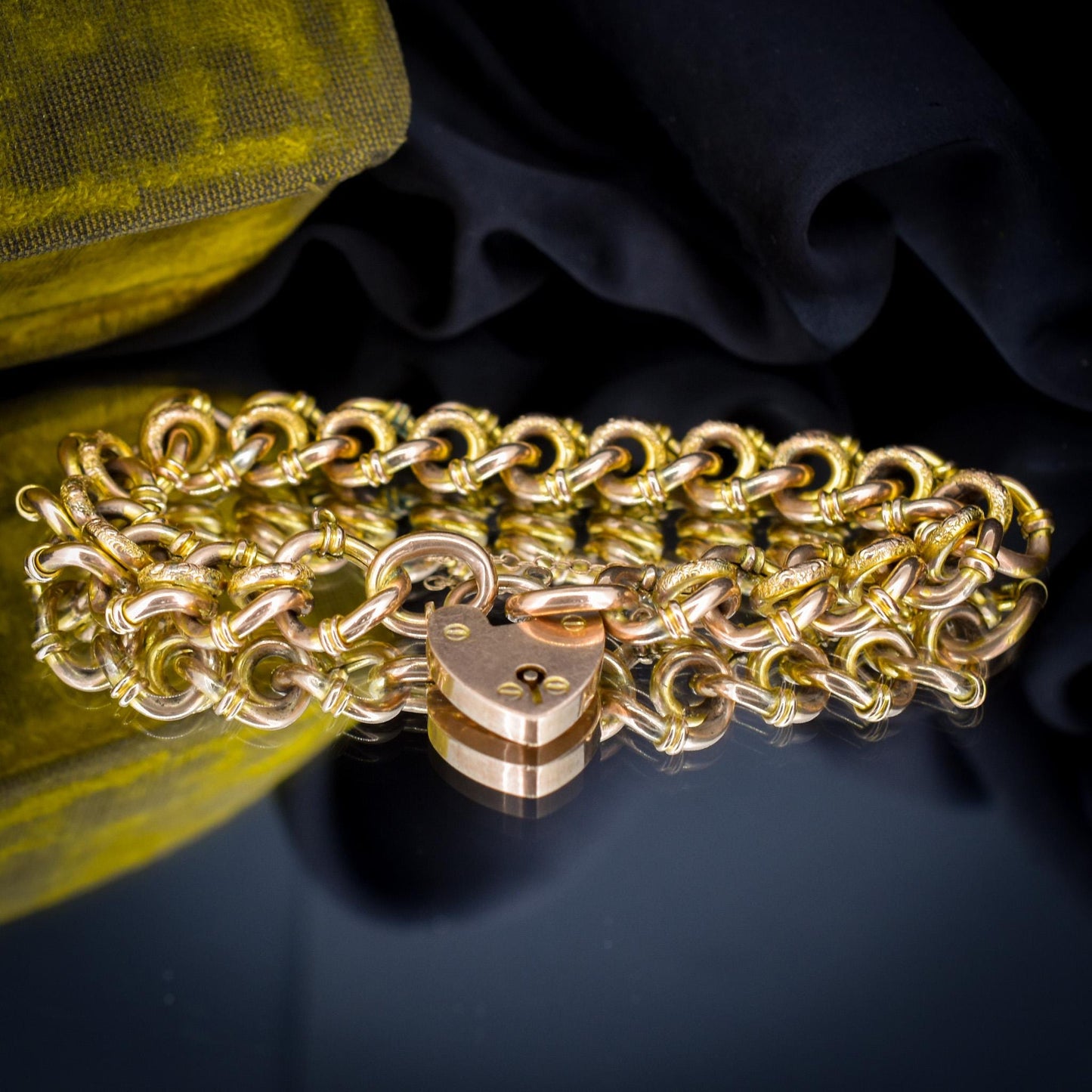 Antique Heart Padlock Fancy Gate 9ct Gold Bracelet