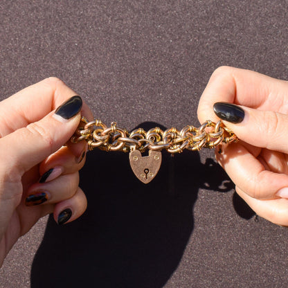 Antique Heart Padlock Fancy Gate 9ct Gold Bracelet