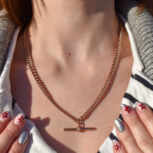 Vintage 19.75" 9ct Rose Gold Curb Link Double Albert Watch Chain Necklace