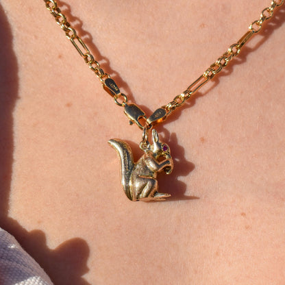 Vintage Solid Gold Squirrel Animal Charm Pendant with Ruby Eyes