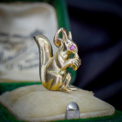 Vintage Solid Gold Squirrel Animal Charm Pendant with Ruby Eyes