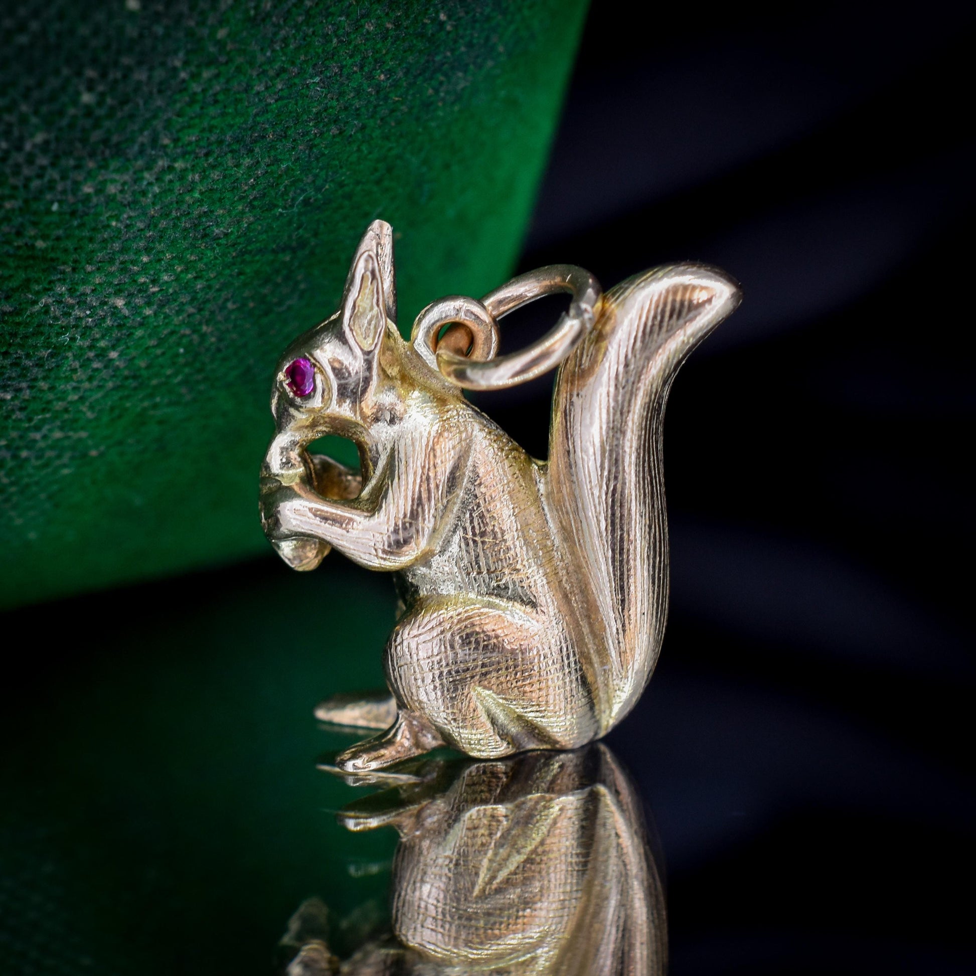 Vintage Solid Gold Squirrel Animal Charm Pendant with Ruby Eyes