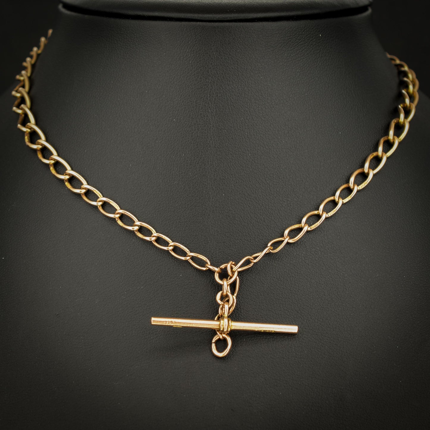 Art Deco 9ct Gold Oval Link Double Dog Clip Albert Watch Chain Necklace | 14"