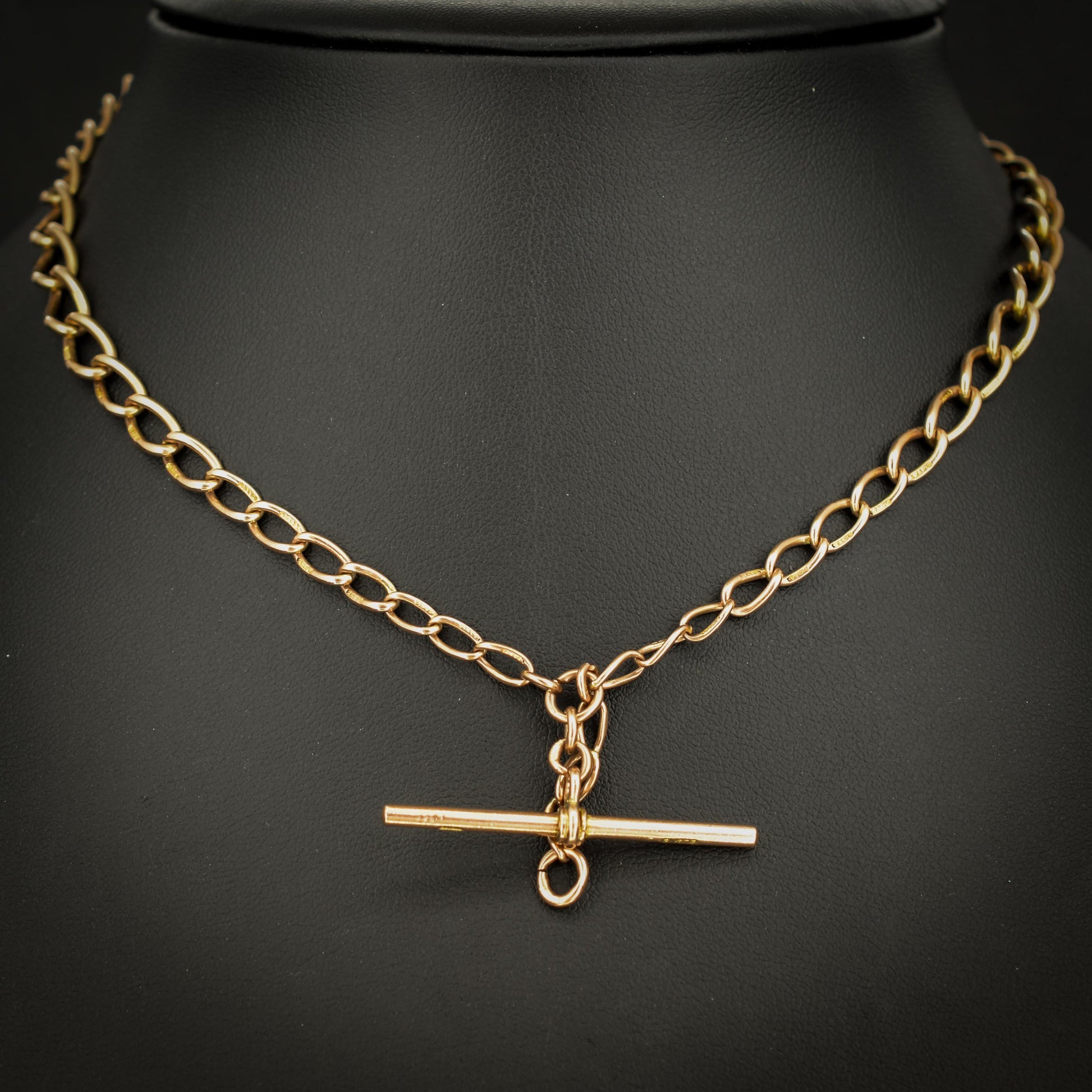 Art Deco 9ct Gold Oval Link Double Dog Clip Albert Watch Chain Necklace | 14"