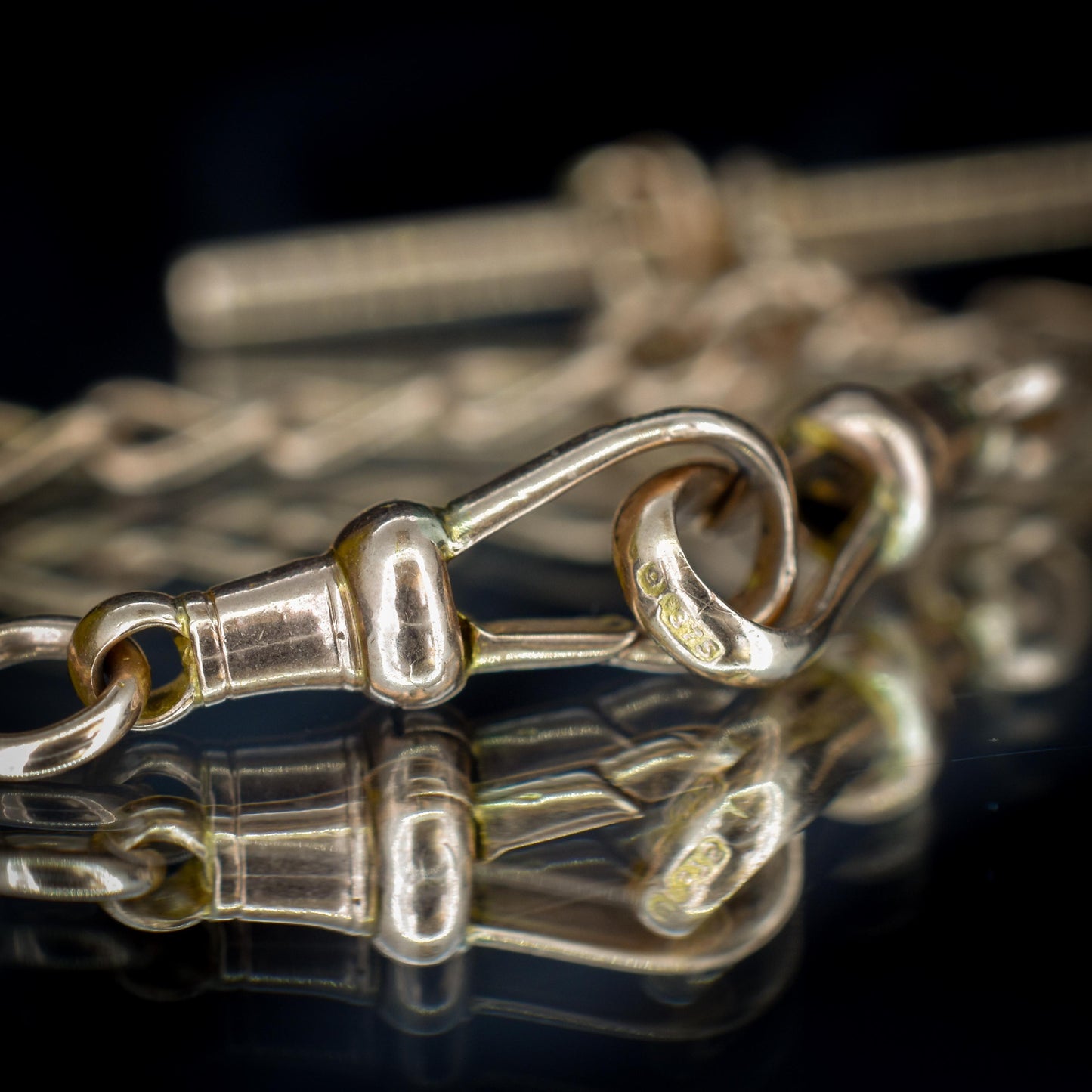 Art Deco 9ct Gold Oval Link Double Dog Clip Albert Watch Chain Necklace | 14"