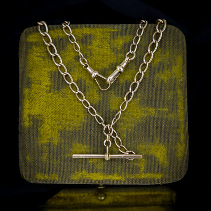 Art Deco 9ct Gold Oval Link Double Dog Clip Albert Watch Chain Necklace | 14"