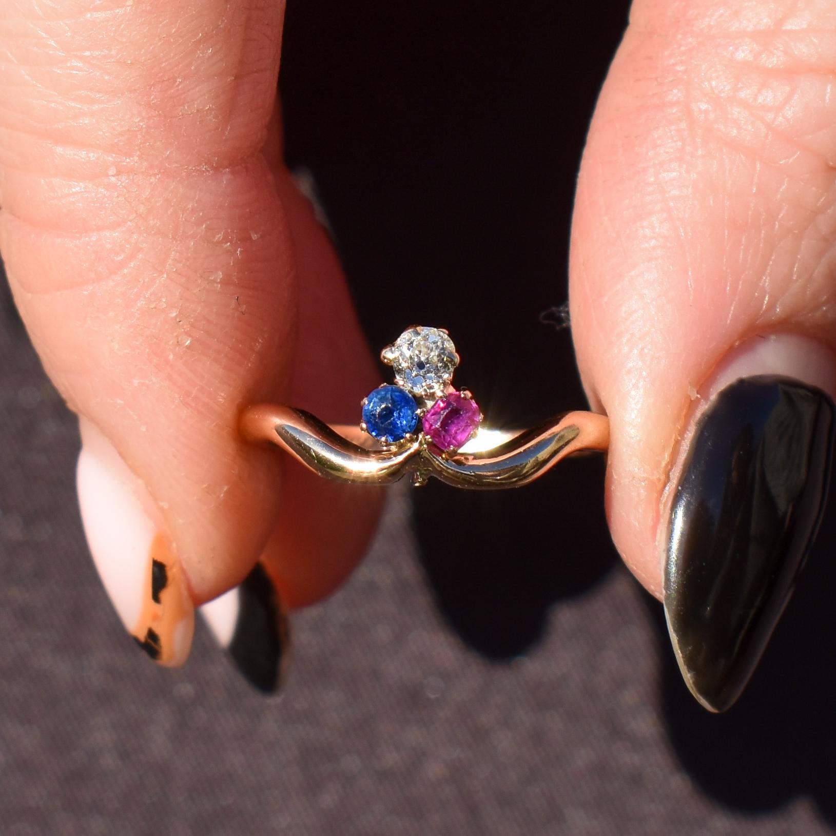 Antique Edwardian Ruby Sapphire and Diamond Trefoil Clover 15ct Gold Ring | 1904