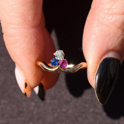 Antique Edwardian Ruby Sapphire and Diamond Trefoil Clover 15ct Gold Ring | 1904