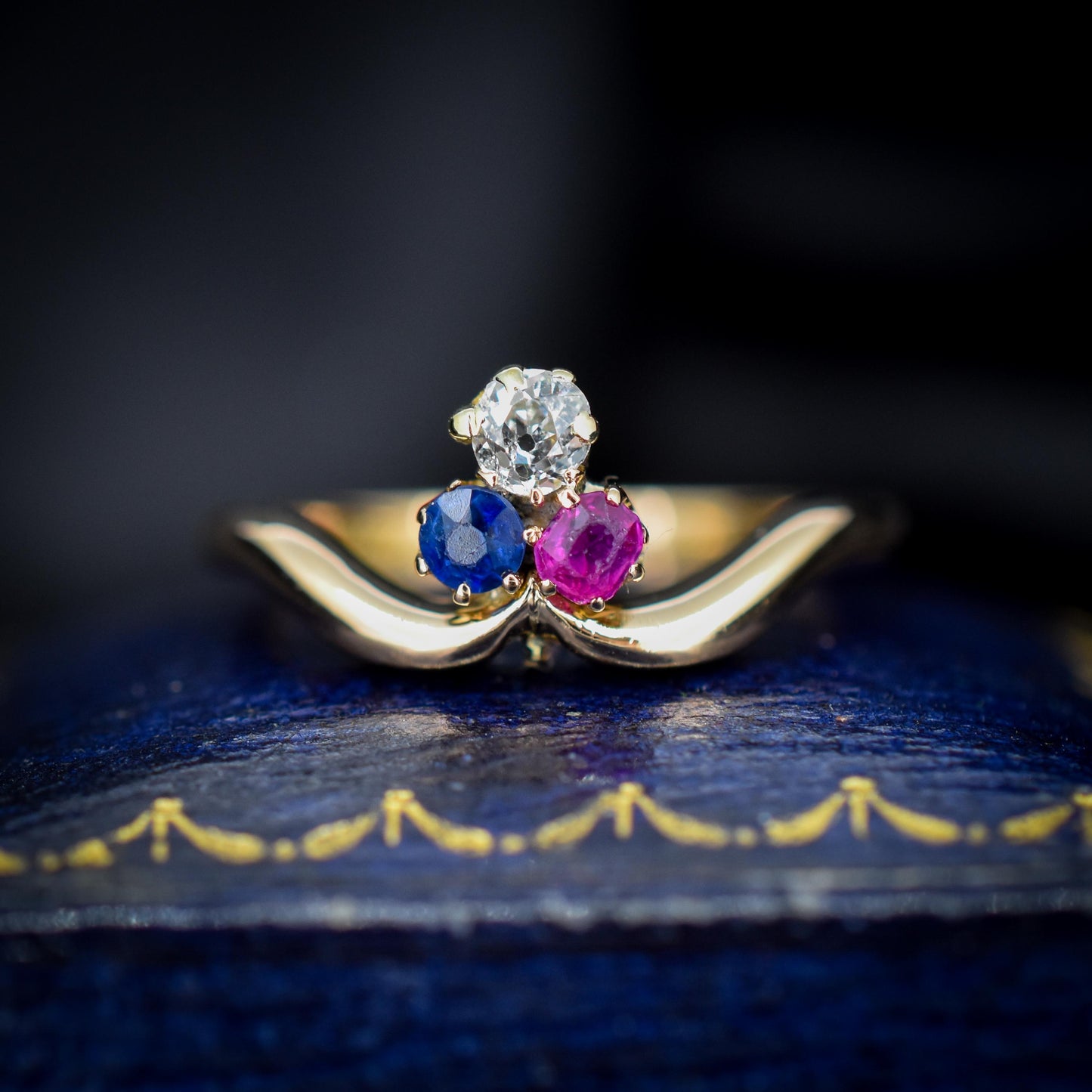 Antique Edwardian Ruby Sapphire and Diamond Trefoil Clover 15ct Gold Ring | 1904