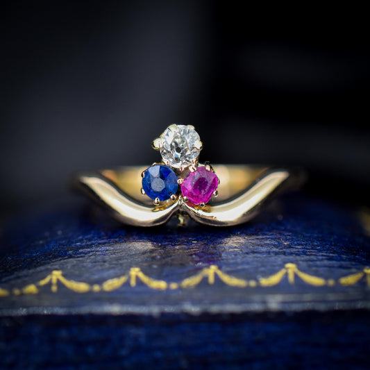 Antique Edwardian Ruby Sapphire and Diamond Trefoil Clover 15ct Gold Ring | 1904