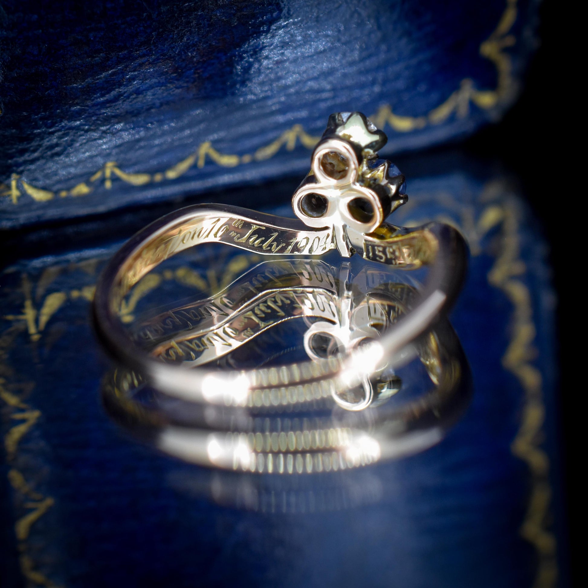 Antique Edwardian Ruby Sapphire and Diamond Trefoil Clover 15ct Gold Ring | 1904