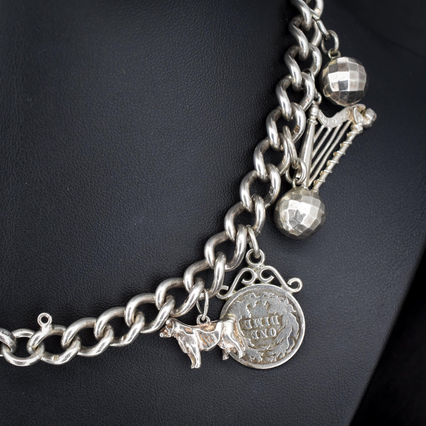 Vintage Sterling Silver Curb Link Multi Charm Necklace | 15.5"