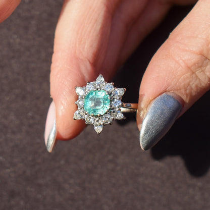 Vintage 1.30ct Natural Emerald and Diamond Snowflake Cluster Gold Ring