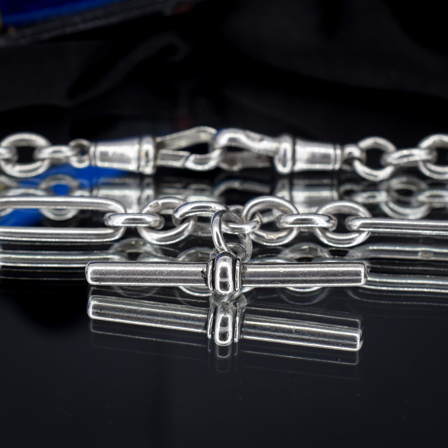 Antique Sterling Silver Trombone Watch Chain with Double Dog Clip and T Bar | 16.75"