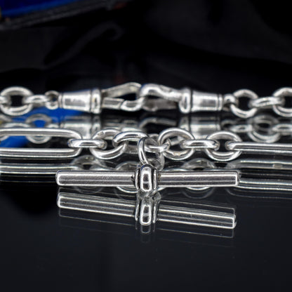 Antique Sterling Silver Trombone Watch Chain with Double Dog Clip and T Bar | 16.75"