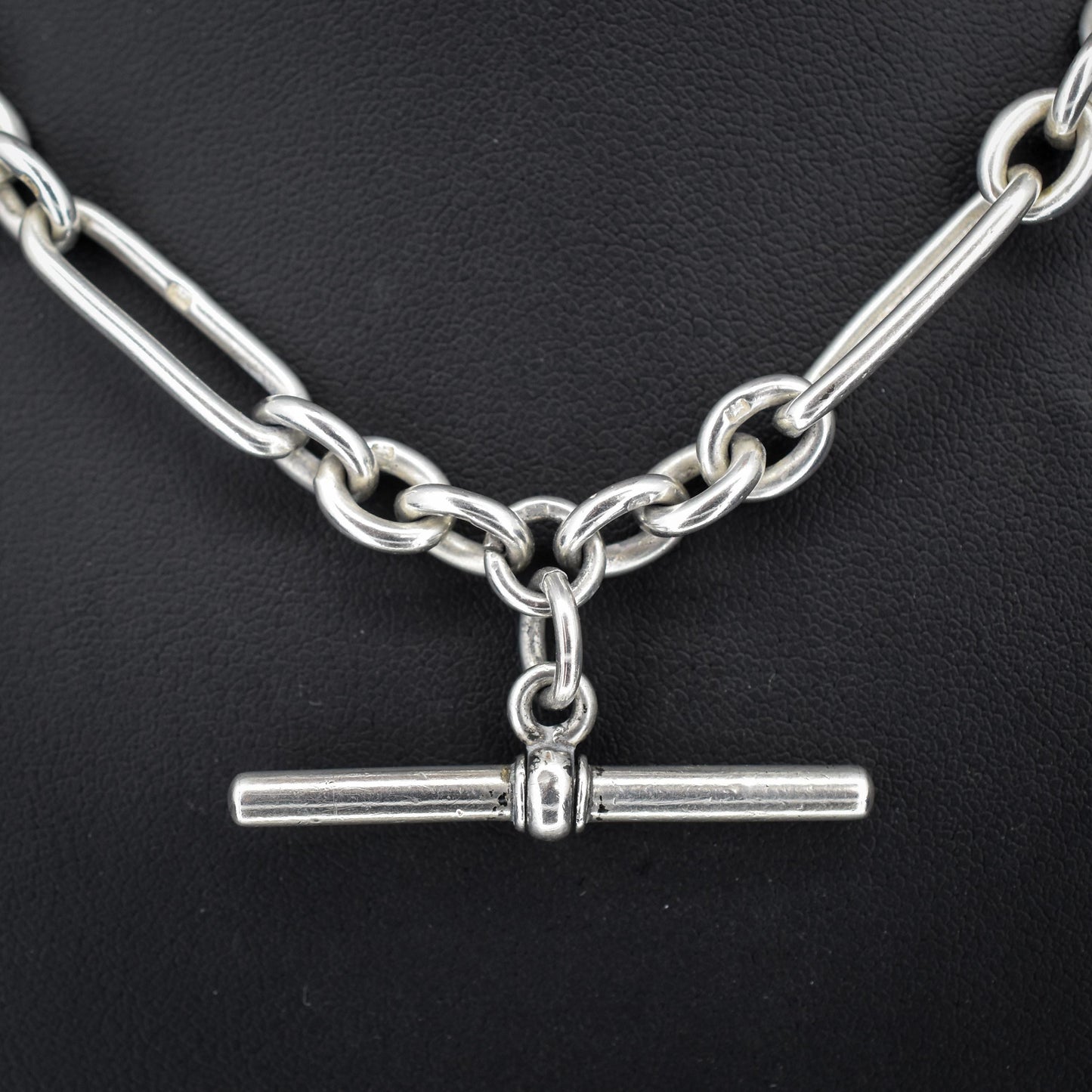 Antique Sterling Silver Trombone Watch Chain with Double Dog Clip and T Bar | 16.75"