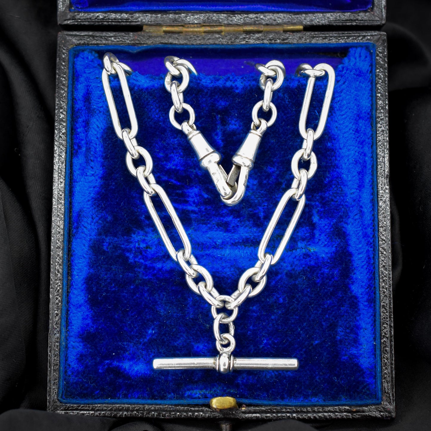 Antique Sterling Silver Trombone Watch Chain with Double Dog Clip and T Bar | 16.75"