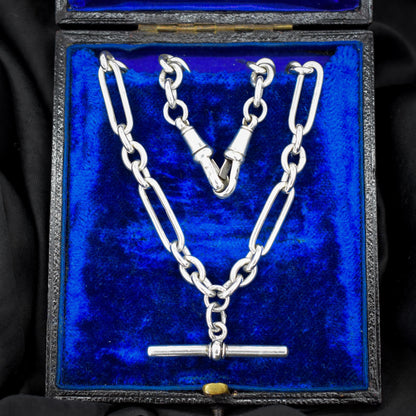 Antique Sterling Silver Trombone Watch Chain with Double Dog Clip and T Bar | 16.75"