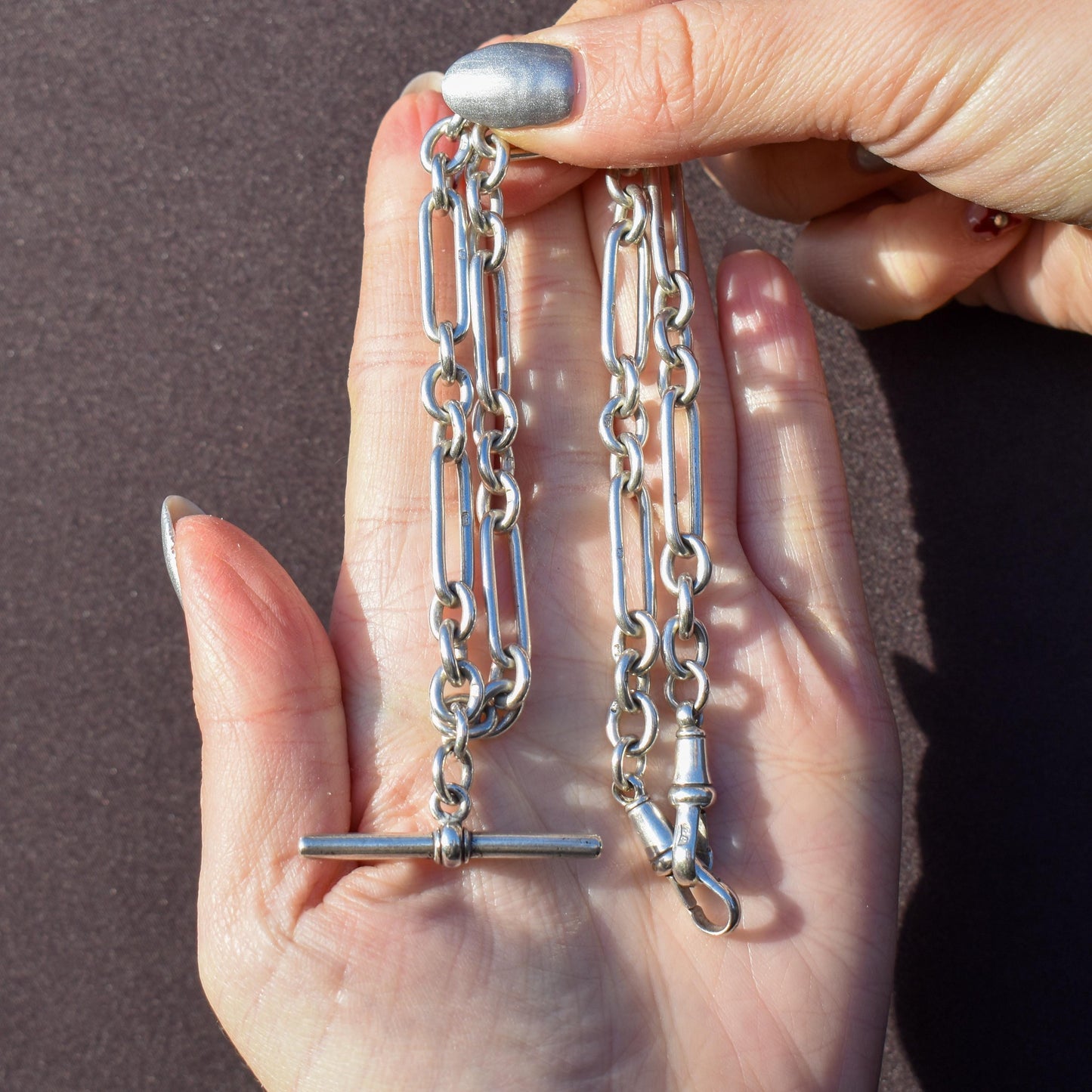 Antique Sterling Silver Trombone Watch Chain with Double Dog Clip and T Bar | 16.75"