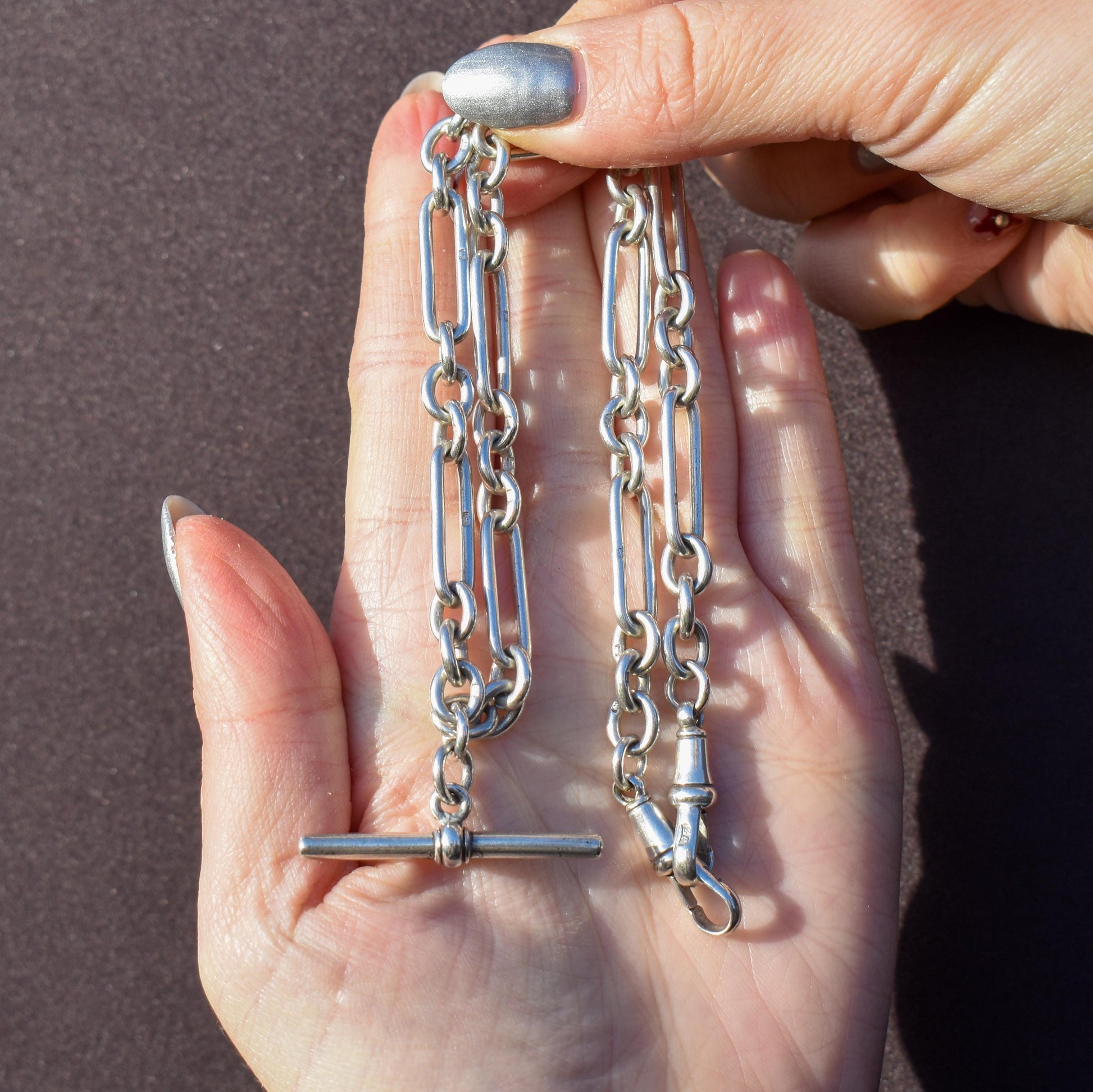 Antique Sterling Silver Trombone Watch Chain with Double Dog Clip and T Bar | 16.75"