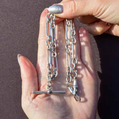 Antique Sterling Silver Trombone Watch Chain with Double Dog Clip and T Bar | 16.75"