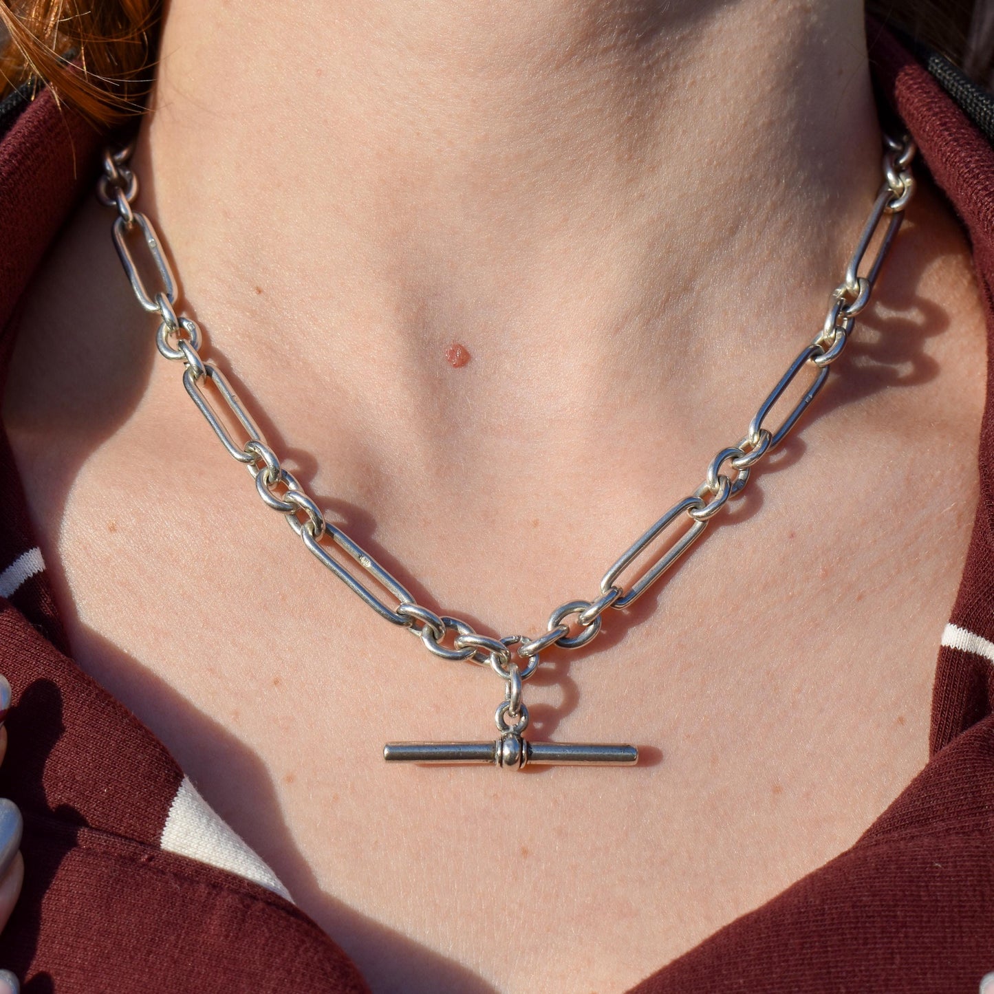 Antique Sterling Silver Trombone Watch Chain with Double Dog Clip and T Bar | 16.75"