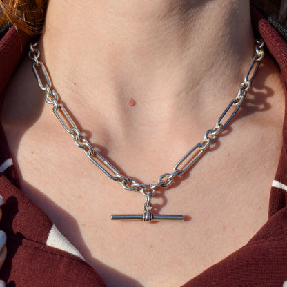 Antique Sterling Silver Trombone Watch Chain with Double Dog Clip and T Bar | 16.75"